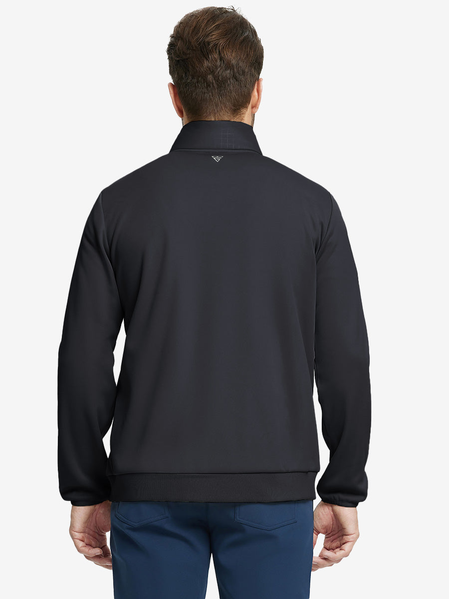 Back upper body view of the Golf Fleece Thermal Jacket in black, clean cut and warm look.