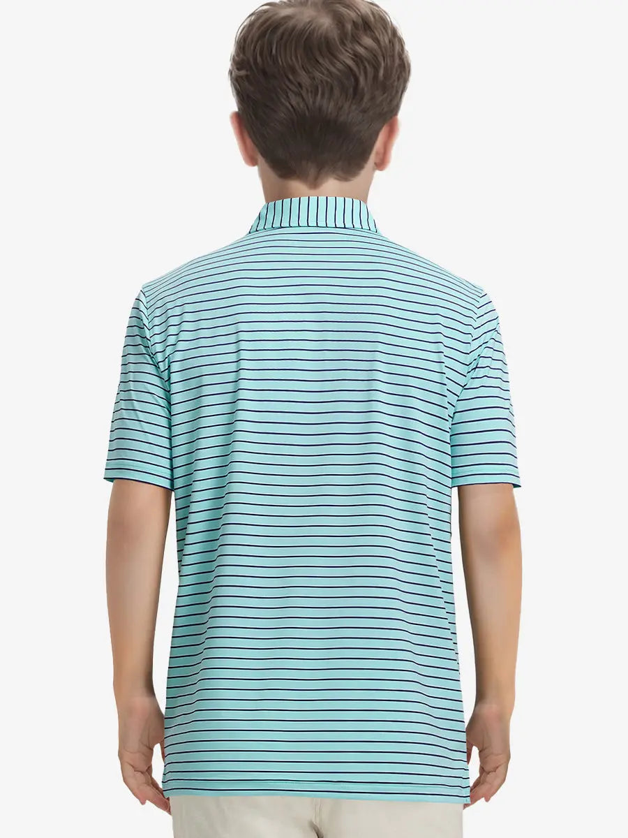 Back half-body view of model wearing TURQUOISE/NAVY STRIPE Youth Performance Golf Polo.