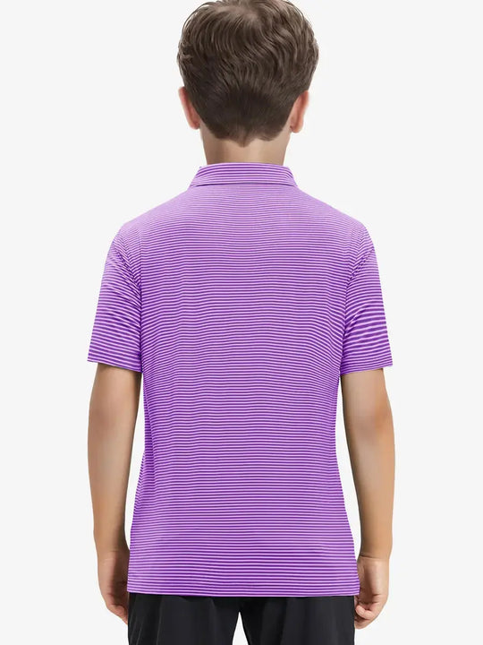 Back view of Youth Cooling Polo – half-body model in Lilac Stripe