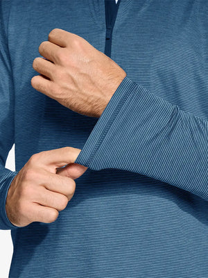 Close-up of cuff on Pinstripe Quarter Zip Pullover, showing stretch and construction – DARK BLUE MELANGE