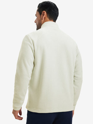 Back upper view of model in soft winter fleece jackets, showing shoulder fit and fleece texture in beige.