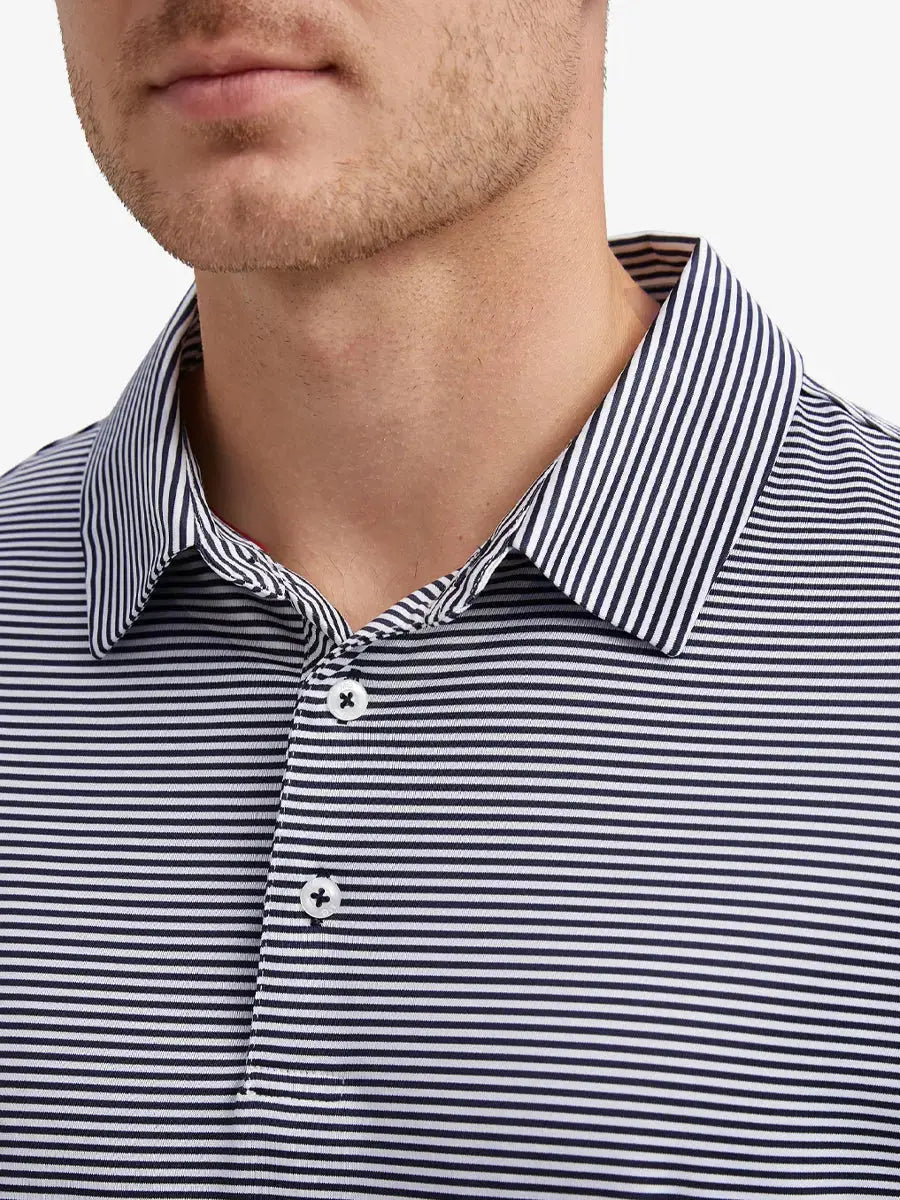 Close-up front view from nose to chest showing Cooling Stripe Golf Shirt in NAVY STRIPE, breathable fabric
