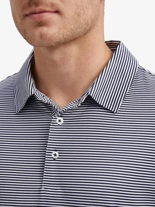 Close-up front view from nose to chest showing Cooling Stripe Golf Shirt in NAVY STRIPE, breathable fabric
