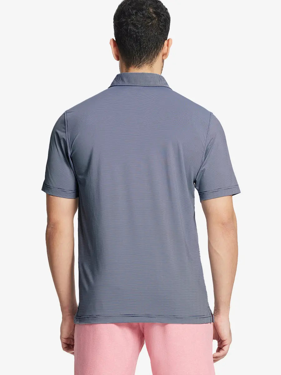 Back half-body view of NAVY STRIPE Pinstripe Jersey Performance Polo worn by model								

