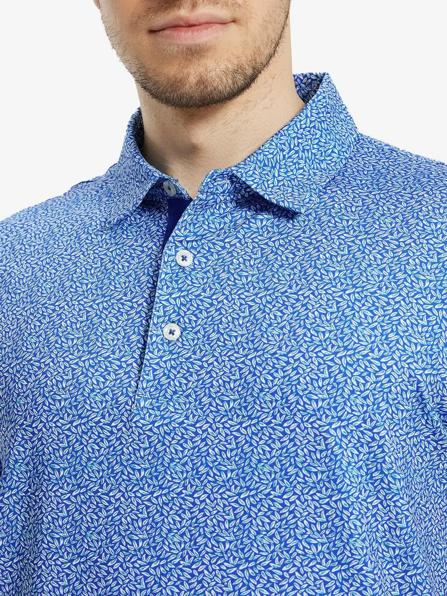 MAELREG Men's Performance Jersey Print Polo – Front chest view in Blue Small Leaf