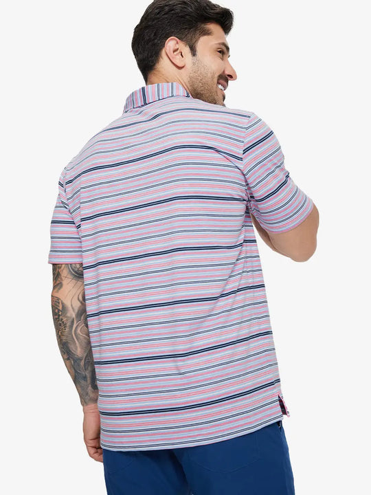 Back half-body view of model in PINK BLUE STRIPE Performance Yarn Dye Striped Polo