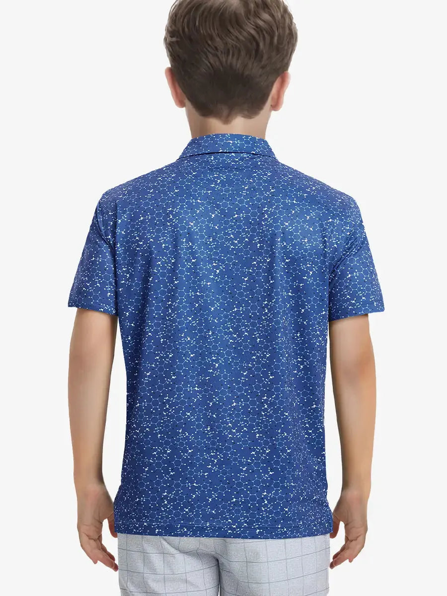 Back half-body view of boy wearing BLUE MOLECULAR STRUCTURE golf polo, relaxed stance