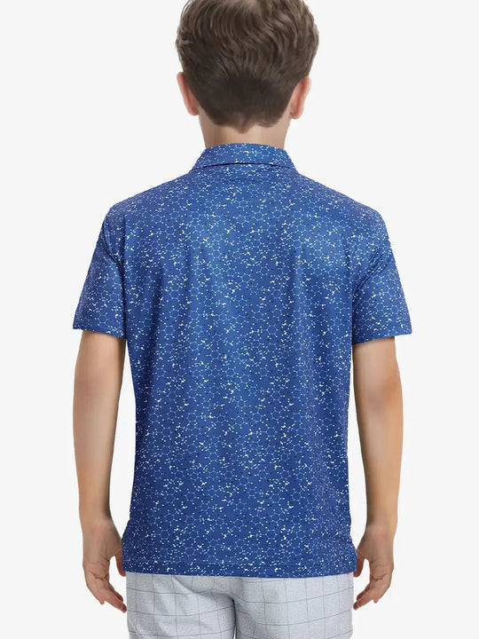 Back half-body view of boy wearing BLUE MOLECULAR STRUCTURE golf polo, relaxed stance