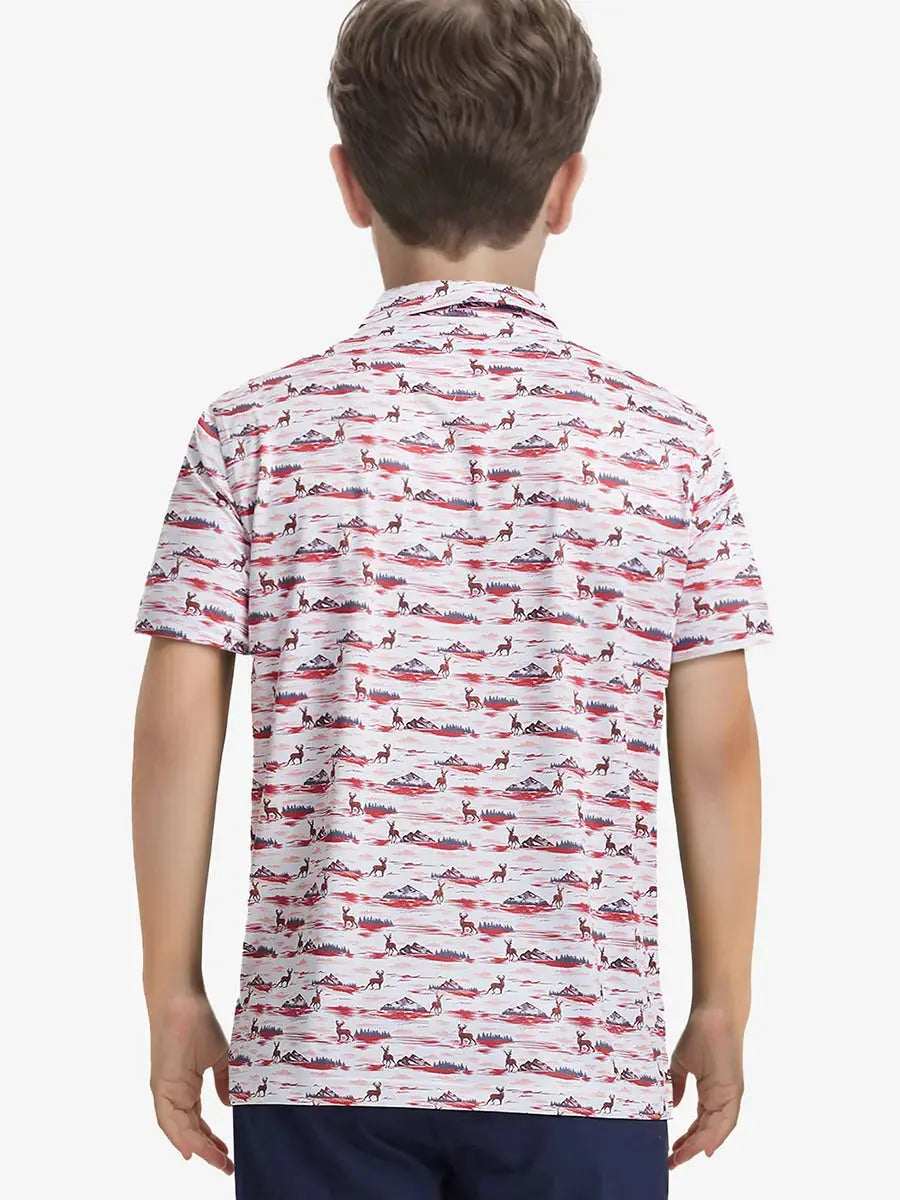 Back half-body view of SUNSET ELK Boys Golf Polo highlighting tailored fit