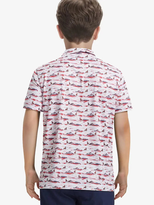 Back half-body view of SUNSET ELK Boys Golf Polo highlighting tailored fit