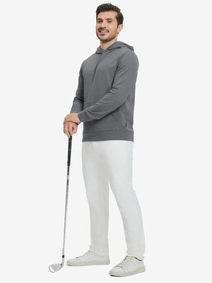 Model full-body view holding a golf club wearing warm fleece golf hoodies pullover in grey.
