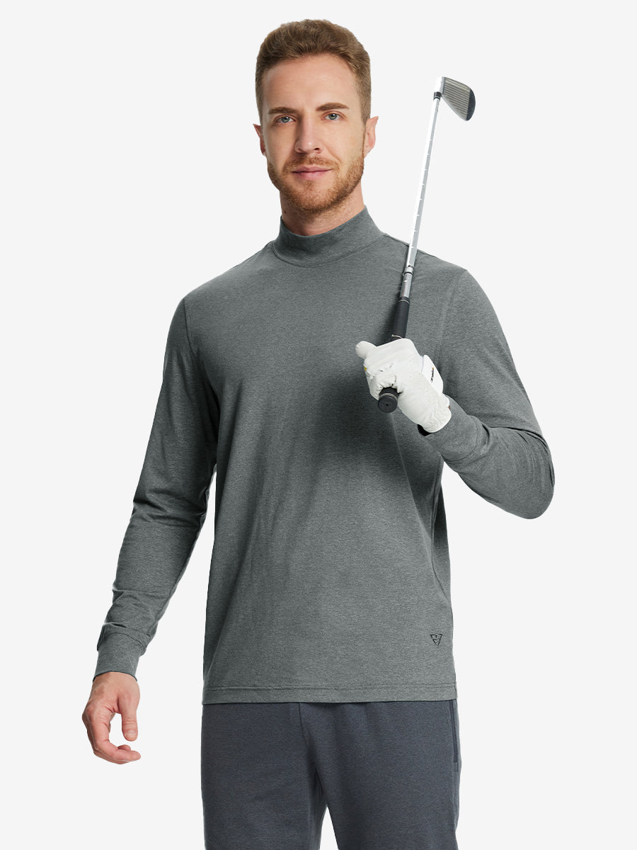 Model holding a golf club while wearing the Black Grey Heather Long Sleeve Mock Turtleneck Shirt.