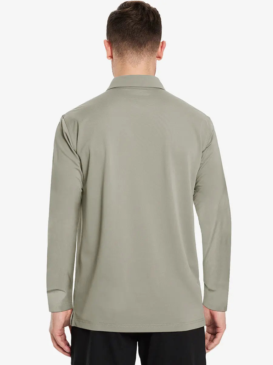 Back view of the dark khaki long sleeve pique polo, emphasizing its stylish and practical features.