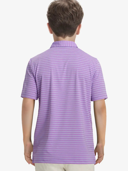 Back half-body view of model wearing LILAC/LIGHT BLUE STRIPE Youth Performance Golf Polo.