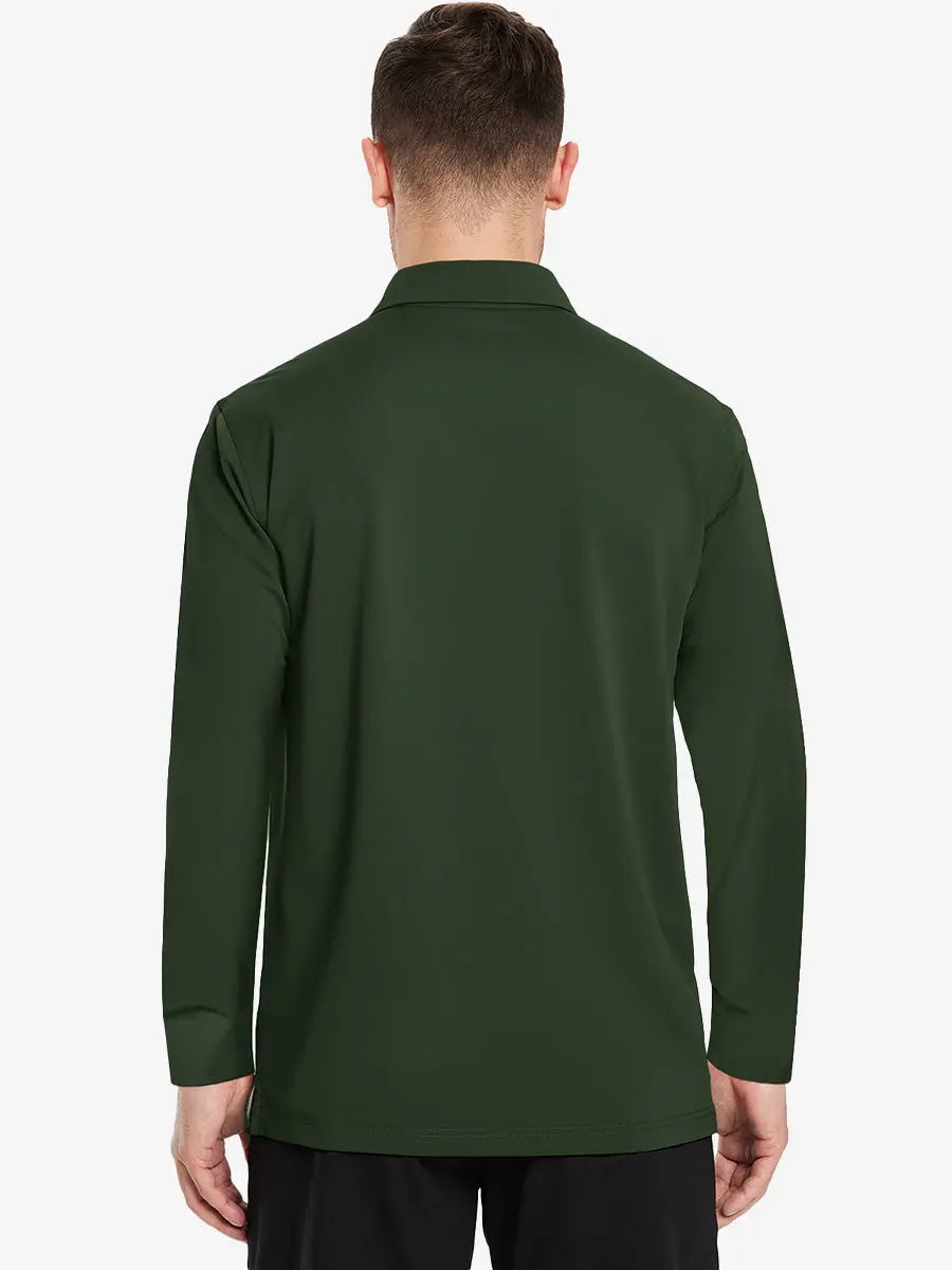 Back view of the olive green long sleeve pique polo, emphasizing its natural design and functional fit.