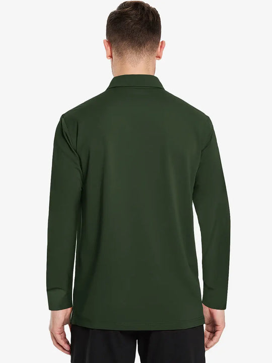 Back view of the olive green long sleeve pique polo, emphasizing its natural design and functional fit.