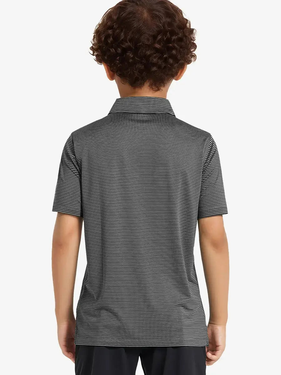 Back view of Youth Cooling Polo – half-body model in Black Stripe