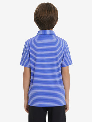 Back upper body view of youth performance golf polos, showing shape and smooth blue/white stripe finish