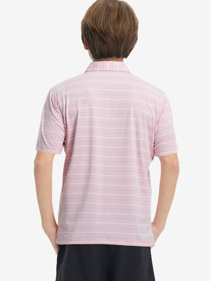 Back upper body of model in trendy boys stripe polo shirts, showing silhouette and light pink stripe tone