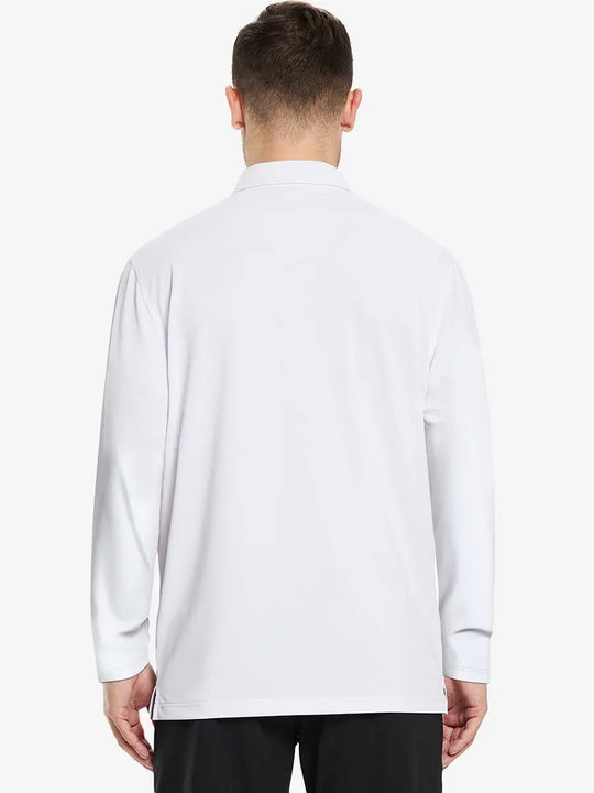 Back view of the white long sleeve pique polo, showcasing its clean design and modern fit.