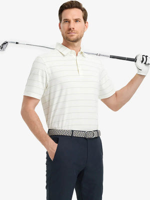 Model in BEIGE STRIPE Golf Polo holding club — dynamic front half-body pose