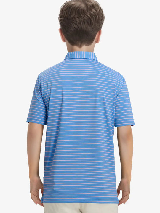 Back half-body view of model wearing SKY BLUE/PINK STRIPE Youth Performance Golf Polo.