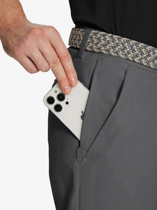 DARK GREY Water Resistant Everyday Pants detail shot of iPhone in side pocket