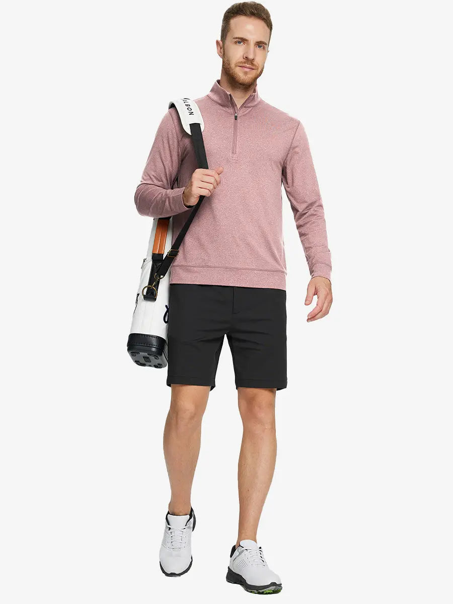 Full-body front view of model wearing PINK HEATHER Quarter Zip Melange Pullover with backpack, sporty casual look.