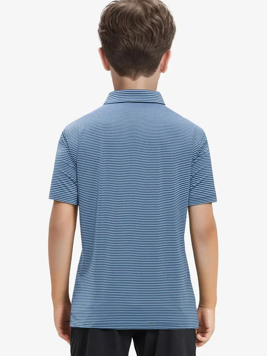 Back view of Youth Cooling Polo – half-body model in Blue Denim Stripe