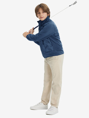 Model holding a golf club, wearing boys windproof puffer jacket with pockets in dark blue, full-body.