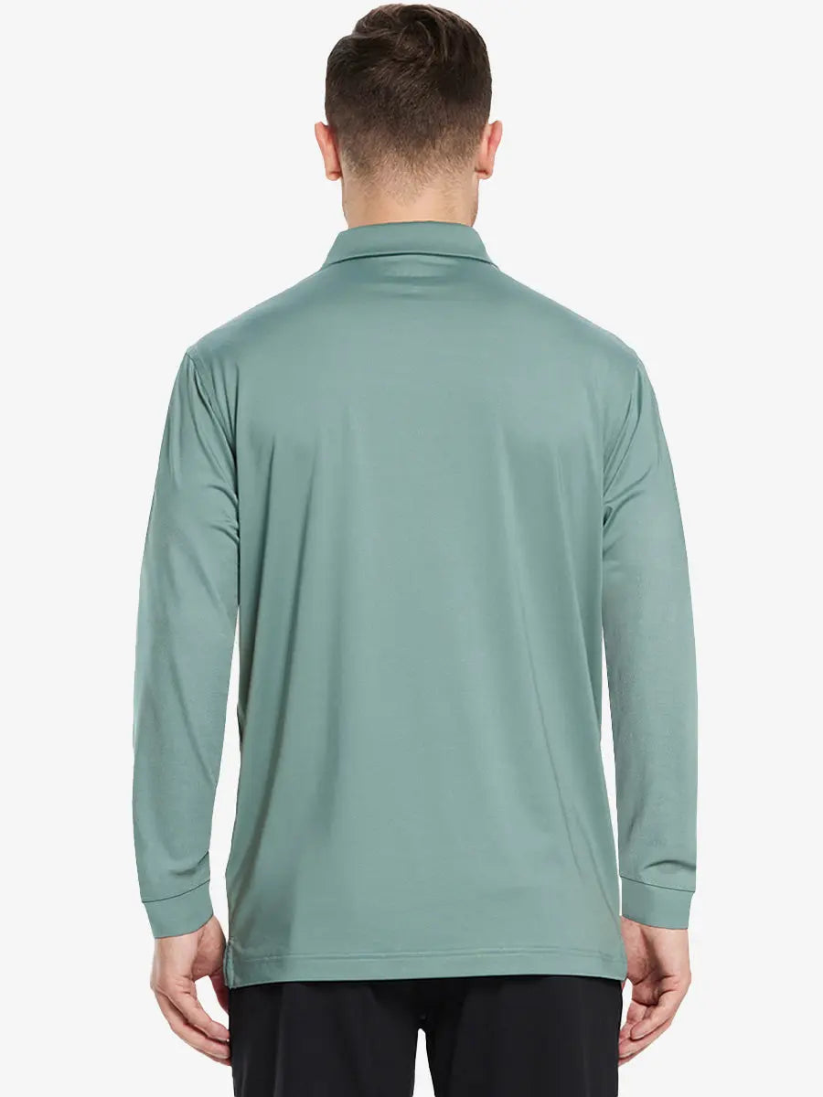 Back half-body view of model wearing BERYL GREEN Long Sleeve Solid Jersey Polo