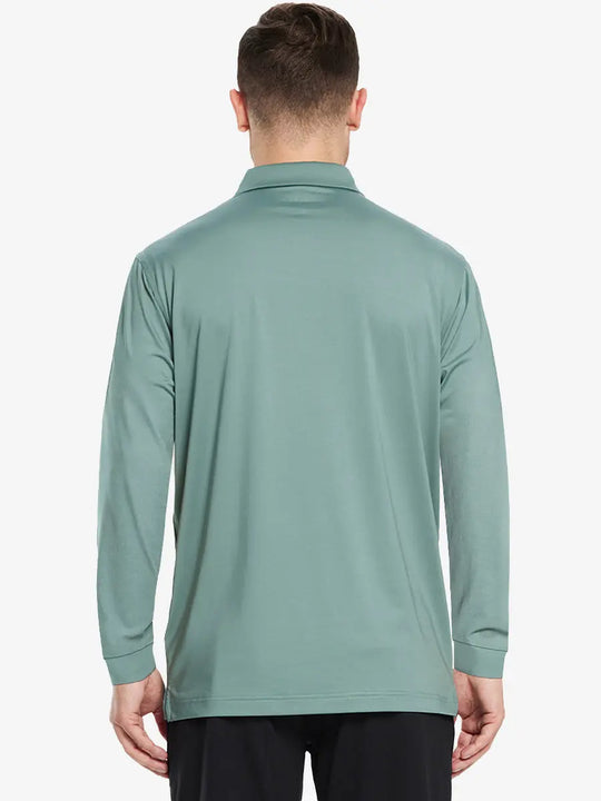 Back half-body view of model wearing BERYL GREEN Long Sleeve Solid Jersey Polo