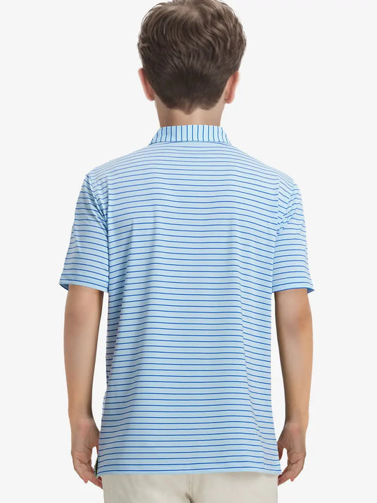 Back half-body view of model wearing LIGHT BLUE/COBALT STRIPE Youth Performance Golf Polo.
