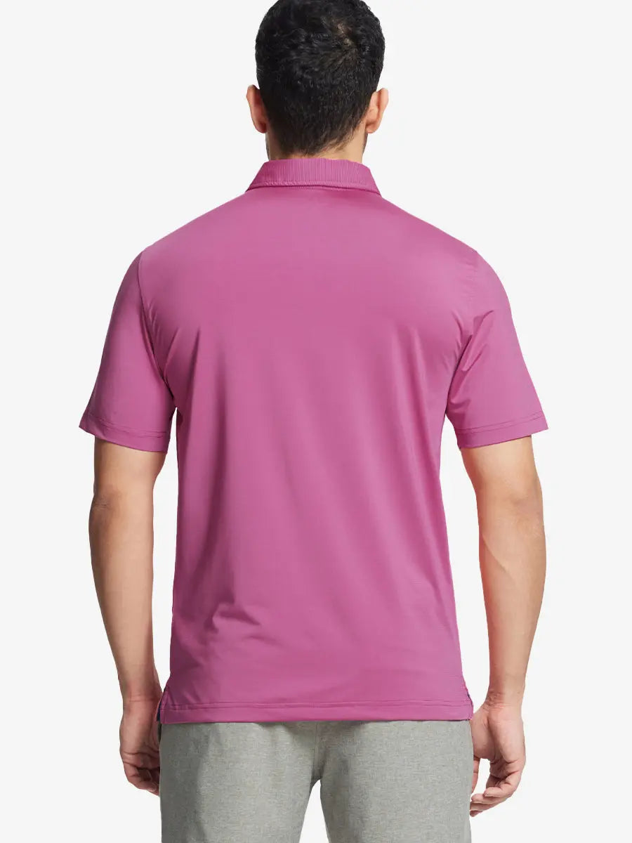 Back half-body view of ROSE STRIPE Pinstripe Jersey Performance Polo worn by model								
