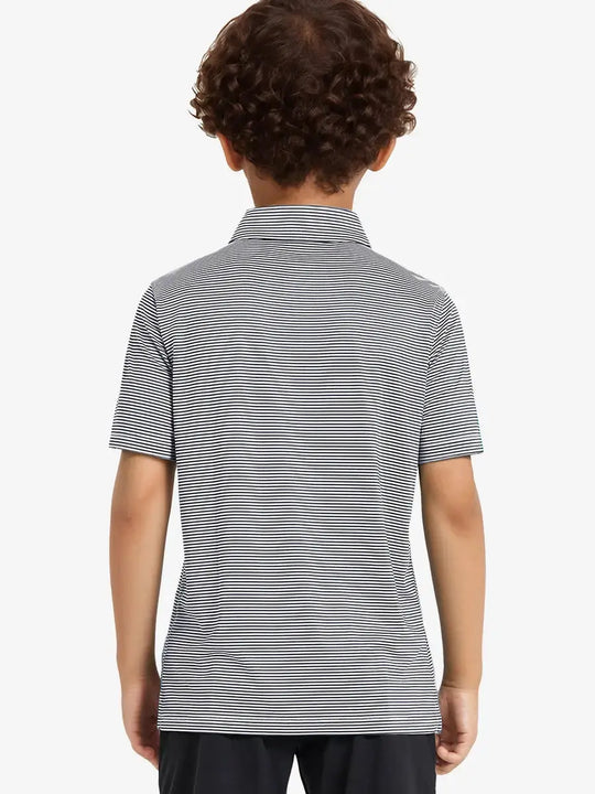 Back view of Youth Cooling Polo – half-body model in Navy Stripe