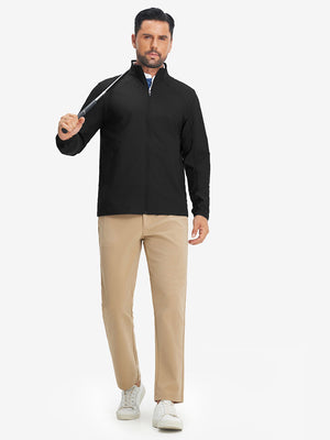 Model holding golf club wearing lightweight water-resistant outerwear jacket, active black style