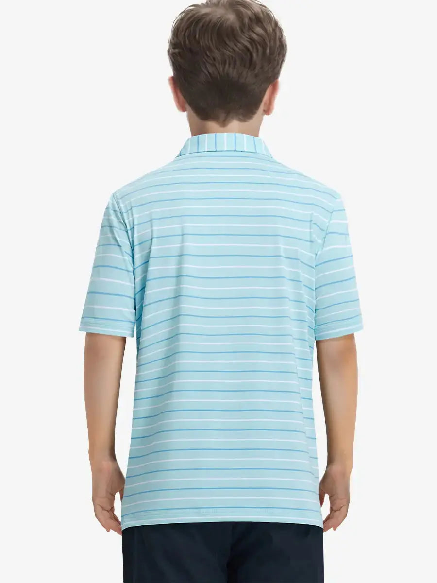 Back half-body view of child wearing ICED AQUA STRIPE Kids Stylish Stripe Polo Shirt.