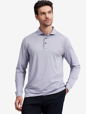 Model front upper body wearing Long sleeve pinstripe jersey polo in sleek grey white stripe