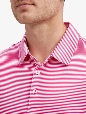 Close-up front view from nose to chest showing Cooling Stripe Golf Shirt in ROSE STRIPE, breathable fabric