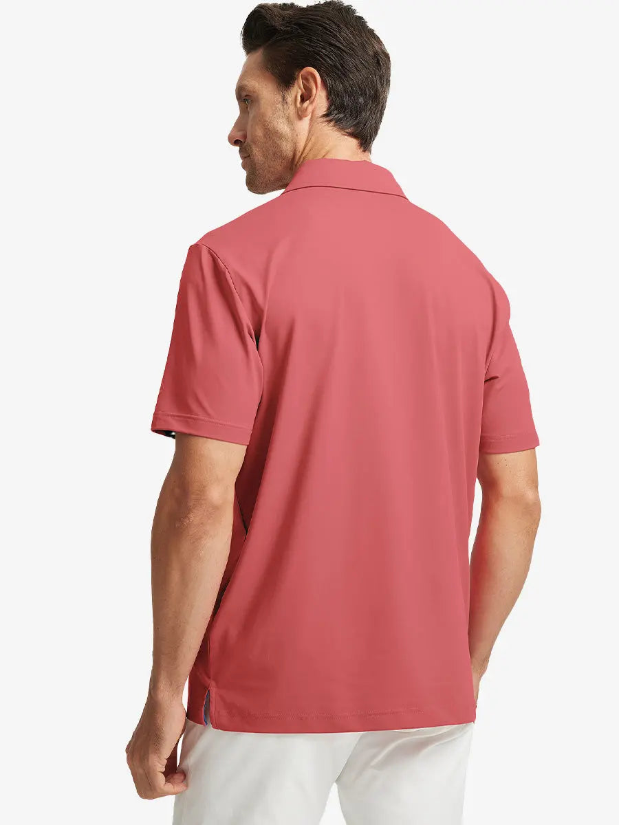Back half-body view of model in CRANBERRY Stylish Chest Print Snap Polo