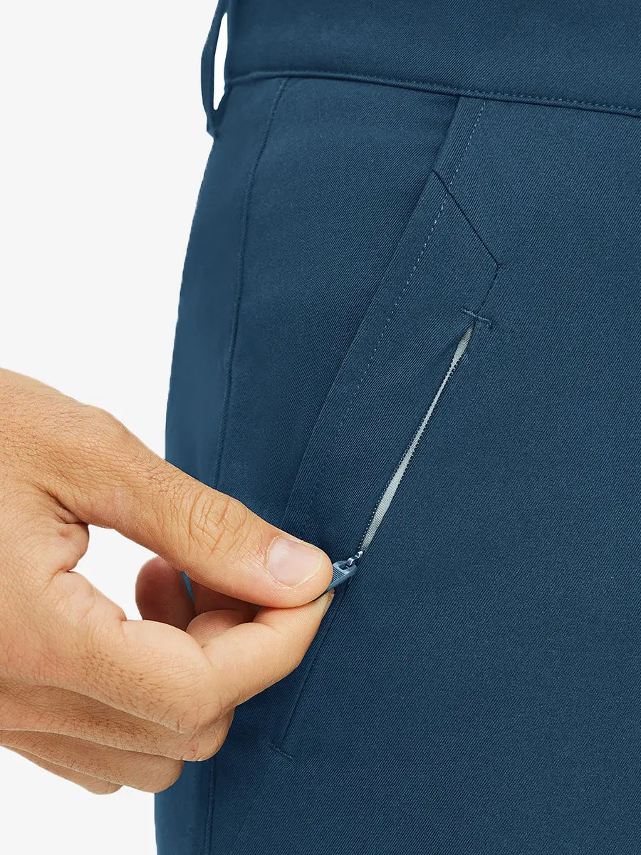 Close-up of front pocket on Water Repellent 8 Pockets Pants in BLUE INDIGO，highlighting pocket design.
