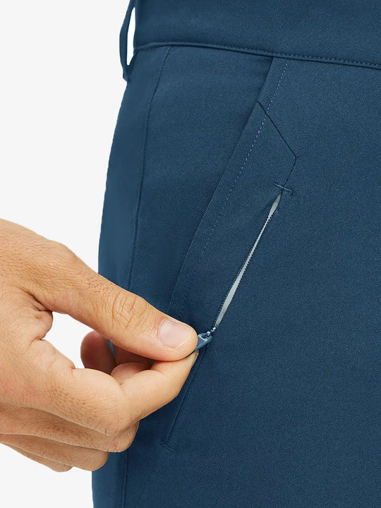 Close-up of front pocket on Water Repellent 8 Pockets Pants in BLUE INDIGO，highlighting pocket design.
