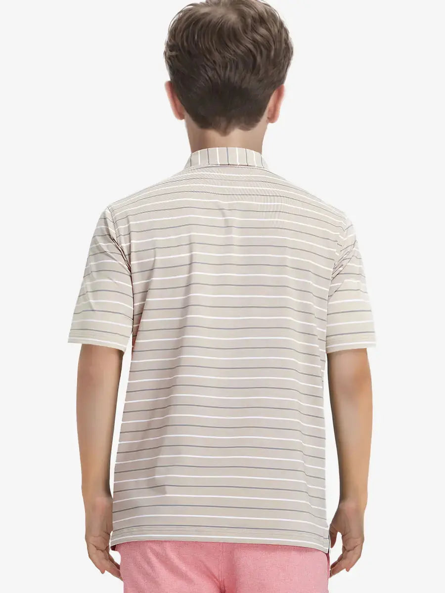 Back half-body view of child wearing LIGHT KHAKI STRIPE Kids Stylish Stripe Polo Shirt.