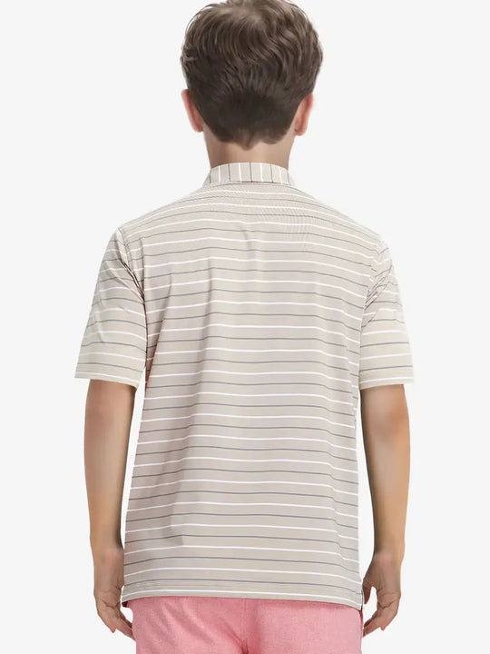 Back half-body view of child wearing LIGHT KHAKI STRIPE Kids Stylish Stripe Polo Shirt.