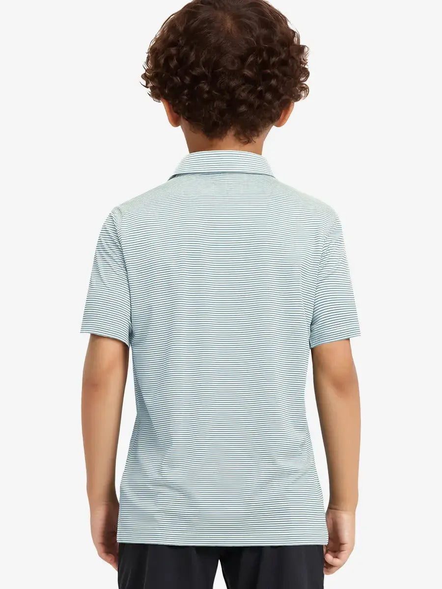 Back view of Youth Cooling Polo – half-body model in Yellow Stripe