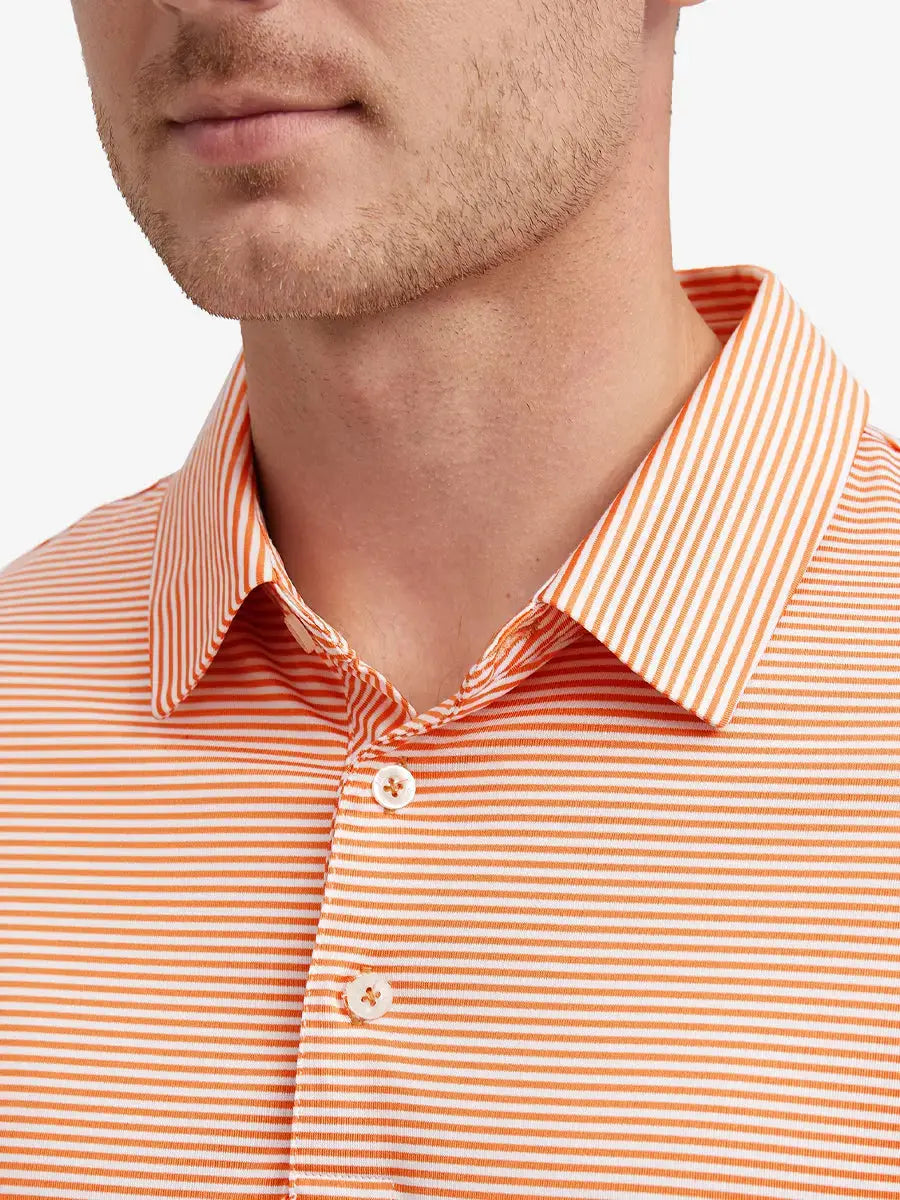 Close-up front view from nose to chest showing Cooling Stripe Golf Shirt in ORANGE STRIPE, breathable fabric