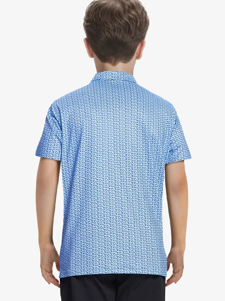 Rear half-body shot showing relaxed fit and dog print detail on upper back