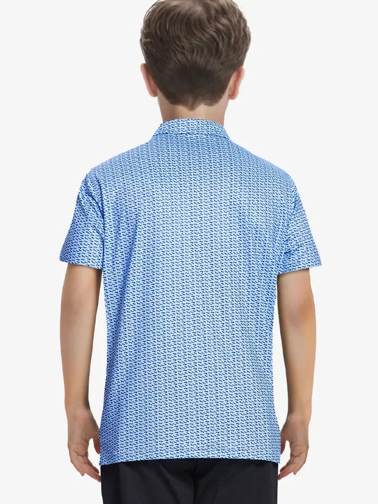 Rear half-body shot showing relaxed fit and dog print detail on upper back