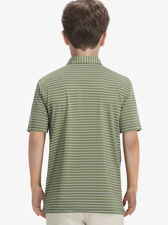 Back half-body view of model wearing LIGHT GREEN/WHITE STRIPE Youth Performance Golf Polo.