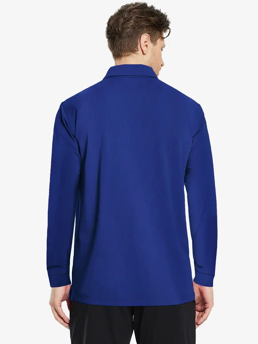 Back half-body view of model wearing KLEIN BLUE Long Sleeve Solid Jersey Polo